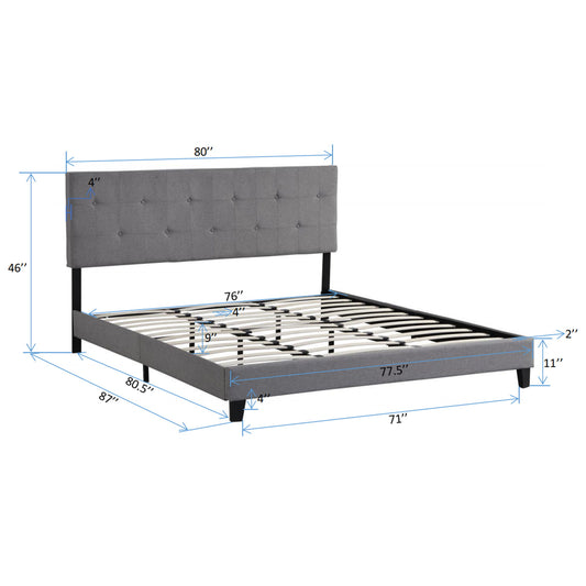 King Size Upholstered Platform Bed Frame With Button Tufted Fabric Headboard, No Box Spring Needed, Wood Slat Support