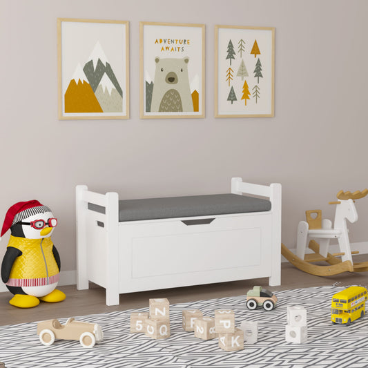 Kids Toy Box Chest Storage Cabinet With Cushion Seat Bench Flip Top Lid Safety Hinge - White