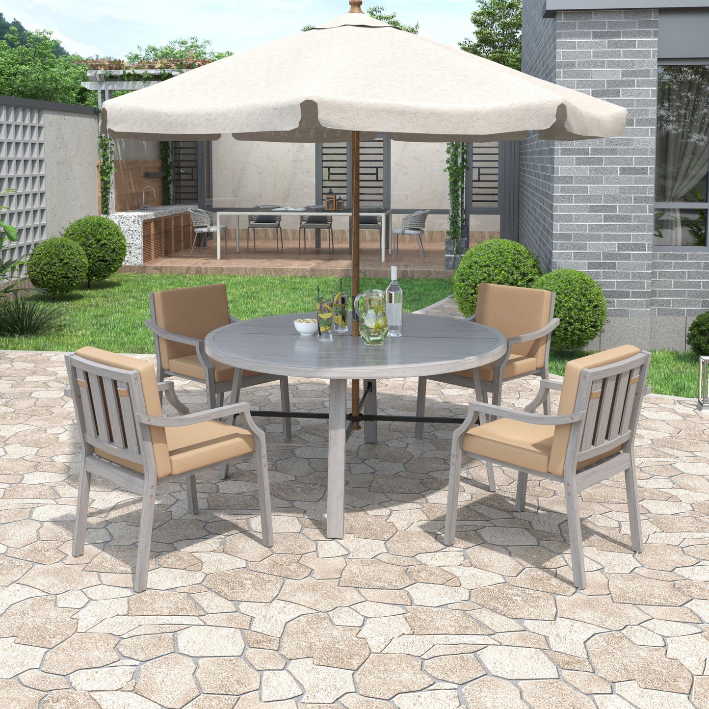 4 Person Outdoor Dining Set With Umbrella Hole And Removable Cushions For Patio - Gray