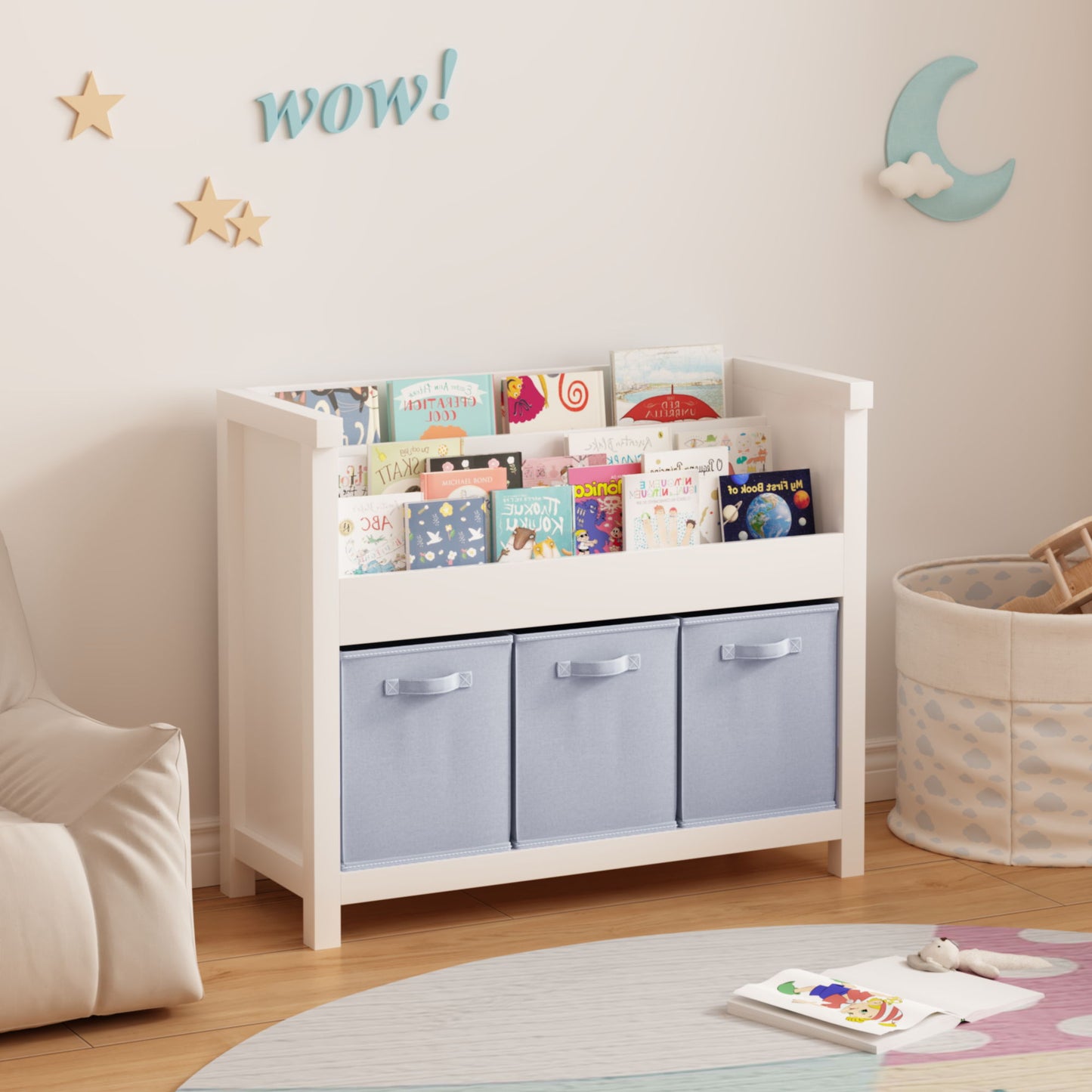 Bookshelf With 3 Tier Front Facing Storage And 3 Bins, Toddler Bookcase For Playroom - White