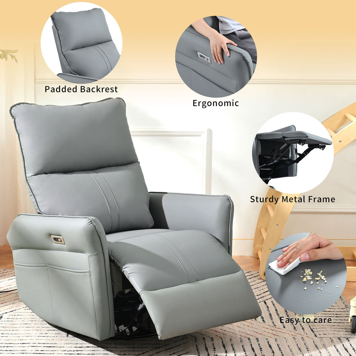 Power Swivel Rocker Recliner Chair, 270° Swivel Rocking Recliner Chair, Electric Small Recliners For Small Spaces, Single Sofa Recliner For Living Room - Blue / Gray