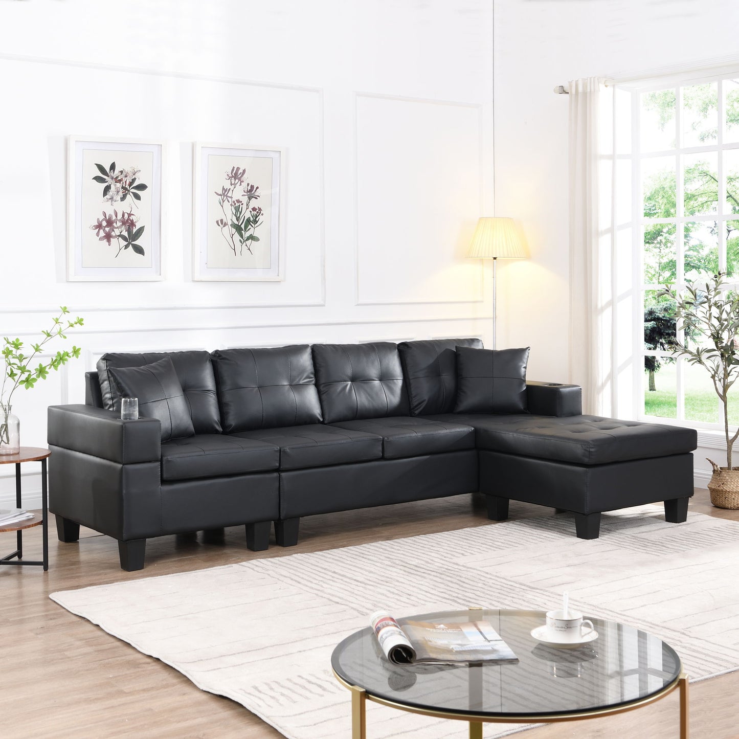 Modern Sectional Sofa Set With L Shape Chaise Lounge, Cup Holder, 4 Seat