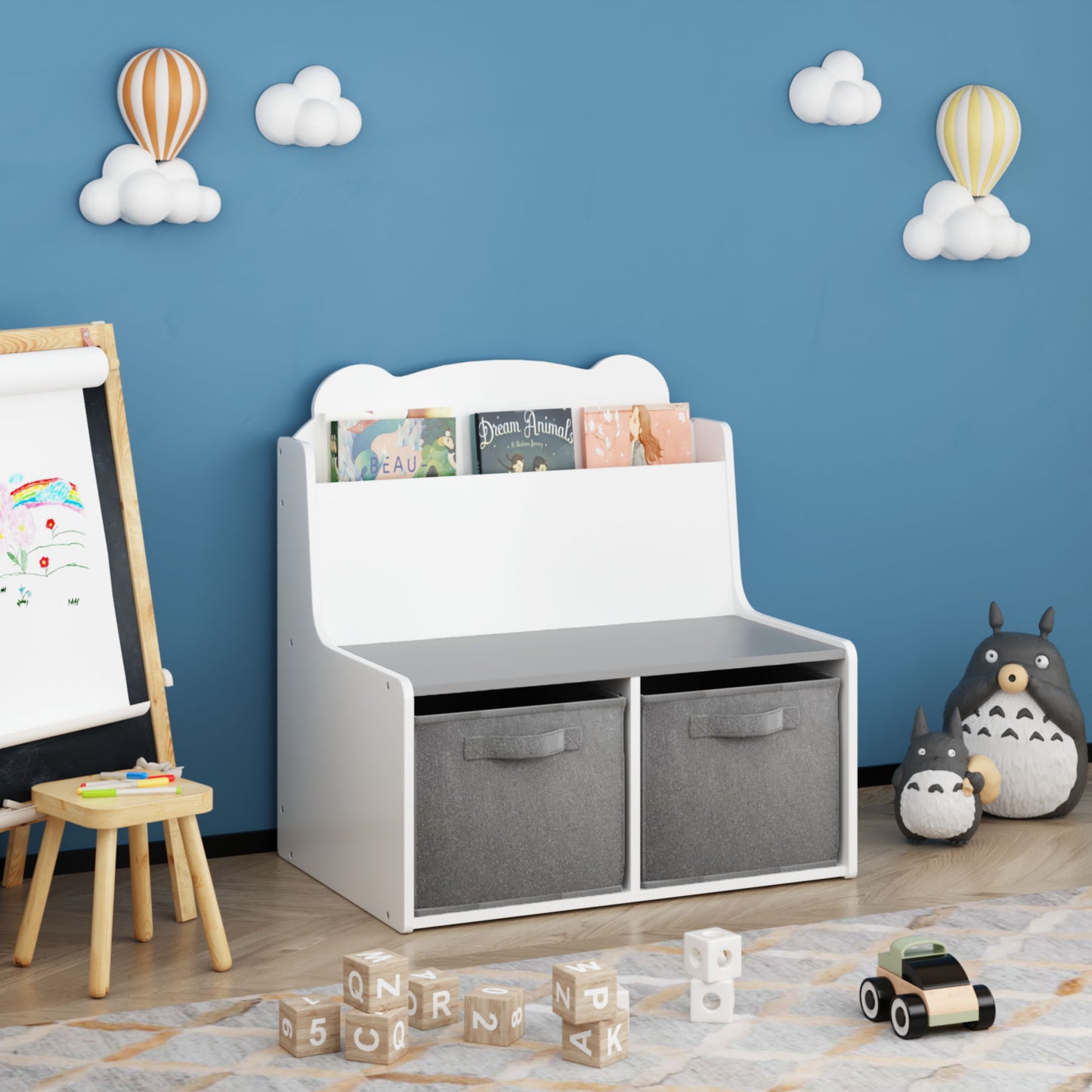 Bookshelf With Storage Bins, Bookcase With Book Display Shelf And 2 Bins, Cute Bear Shaped Backboard, Toy Organizer - White