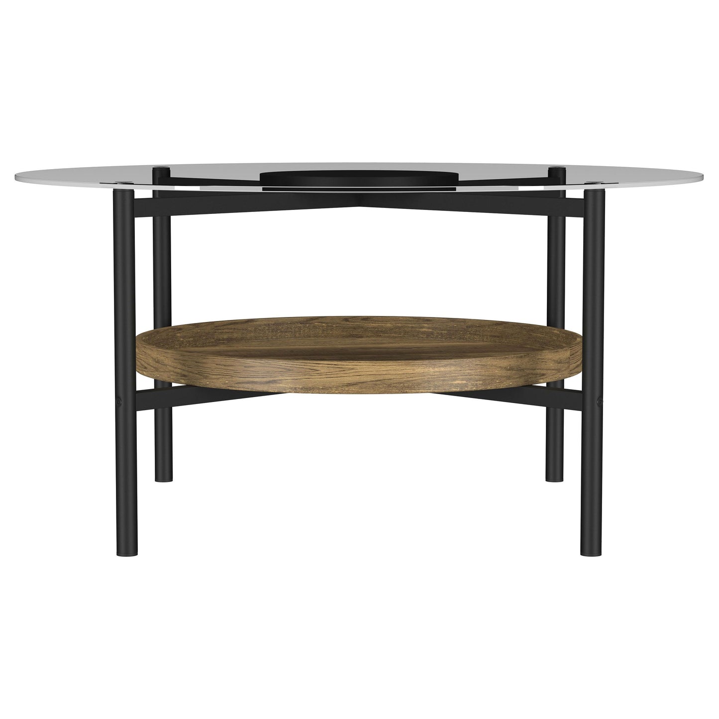 Delfin - Round Glass Top Coffee Table With Shelf - Black / Brown