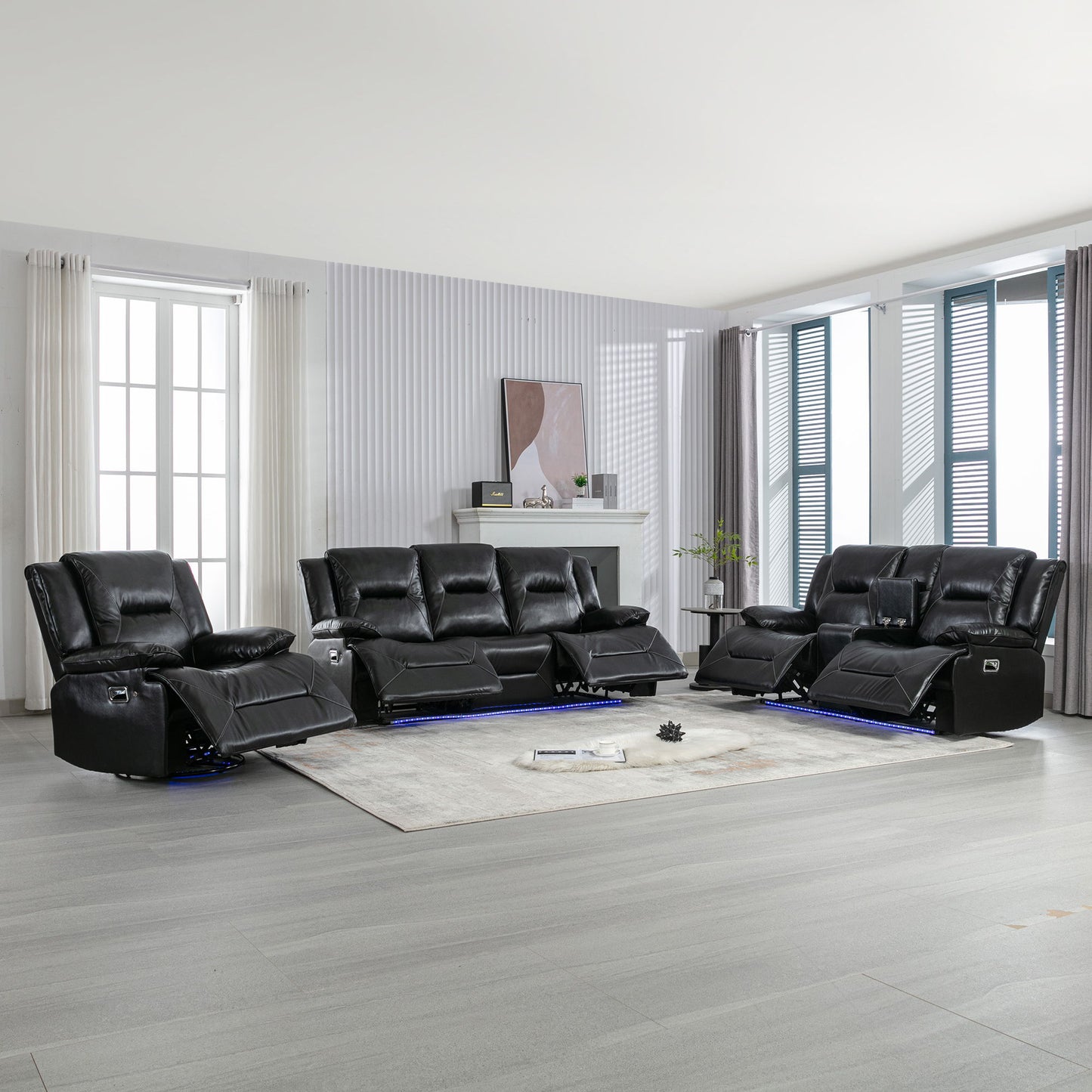 Home Theater Recliner Set Manual Recliner Chair With A LED Light Strip Two Built-In Cup Holders For Living Room