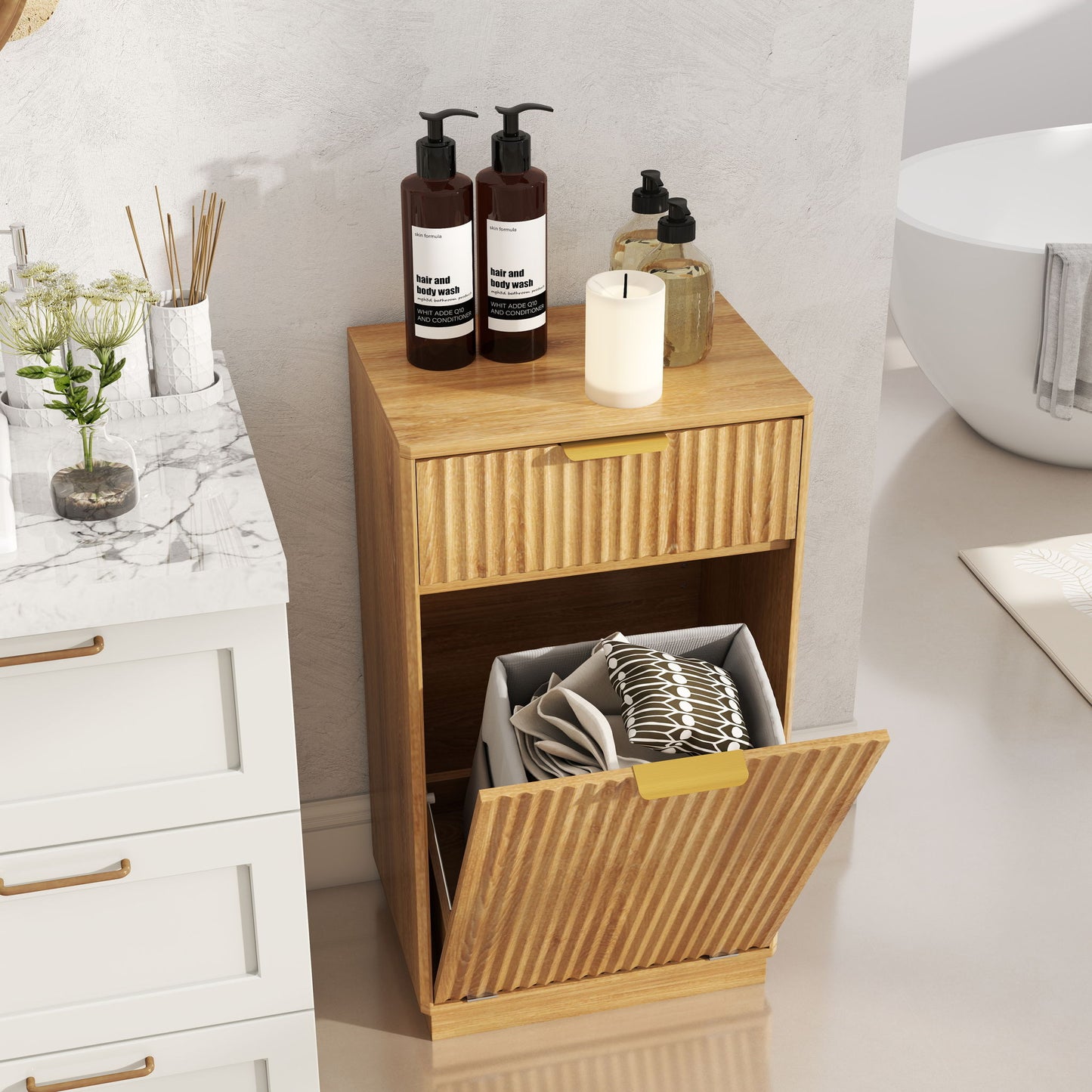 Tilt Out Trash Can Cabinet With Wave Textured Drawer & Pull Out Bin