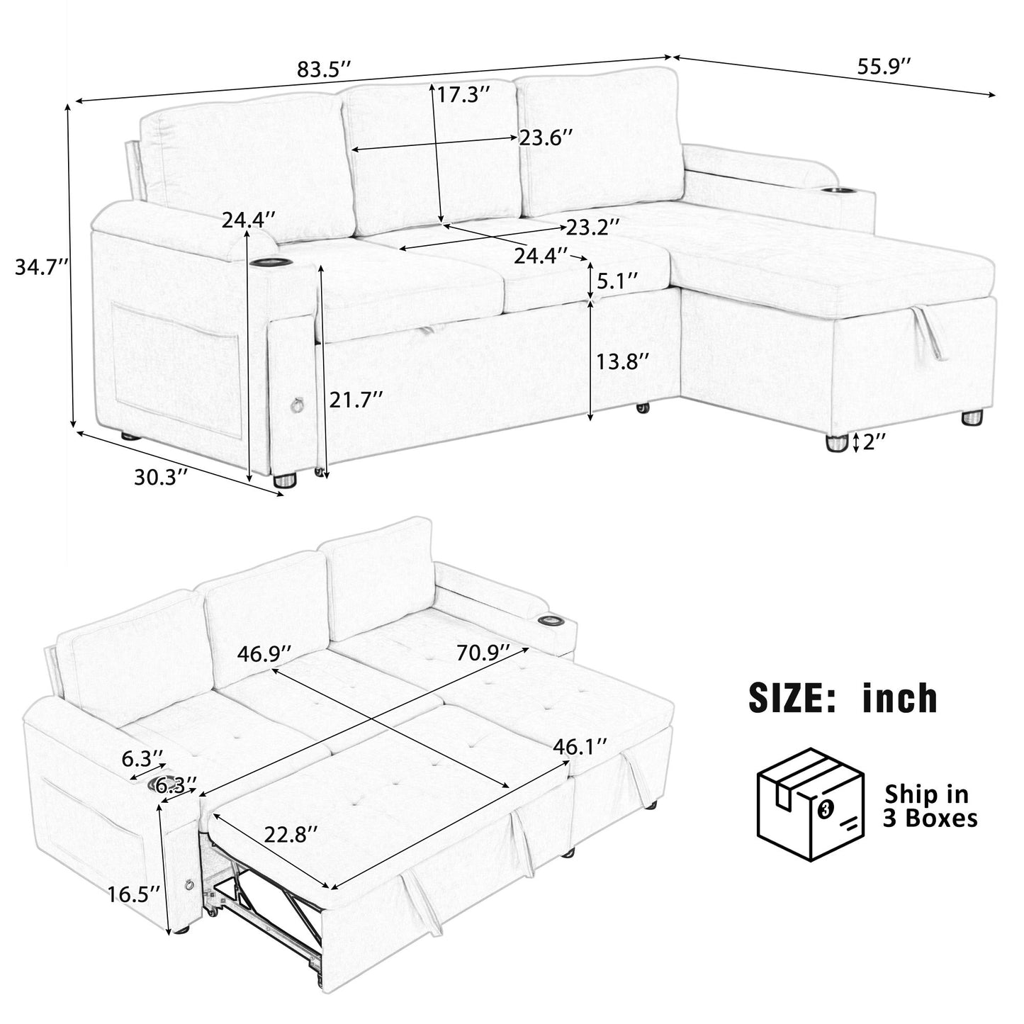 Convertible L Shaped Sofa Couch With Storage, Cup Holders, USB Ports