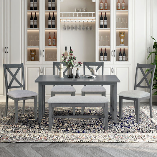 Foldable Dining Set For 6 With 4 Chairs And Bench, Space Saving Design - Gray