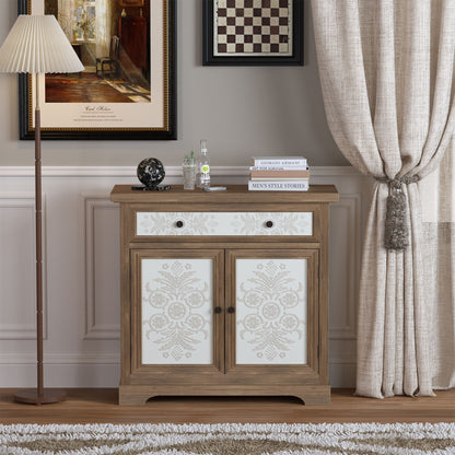 Accent Cabinet With Carved Floral Panels, Sideboard With Drawer And Double Doors - Antique Brown / White