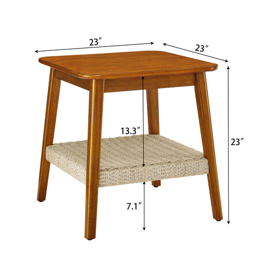 Mid - Century Square Side Table With Woven Shelf - Walnut