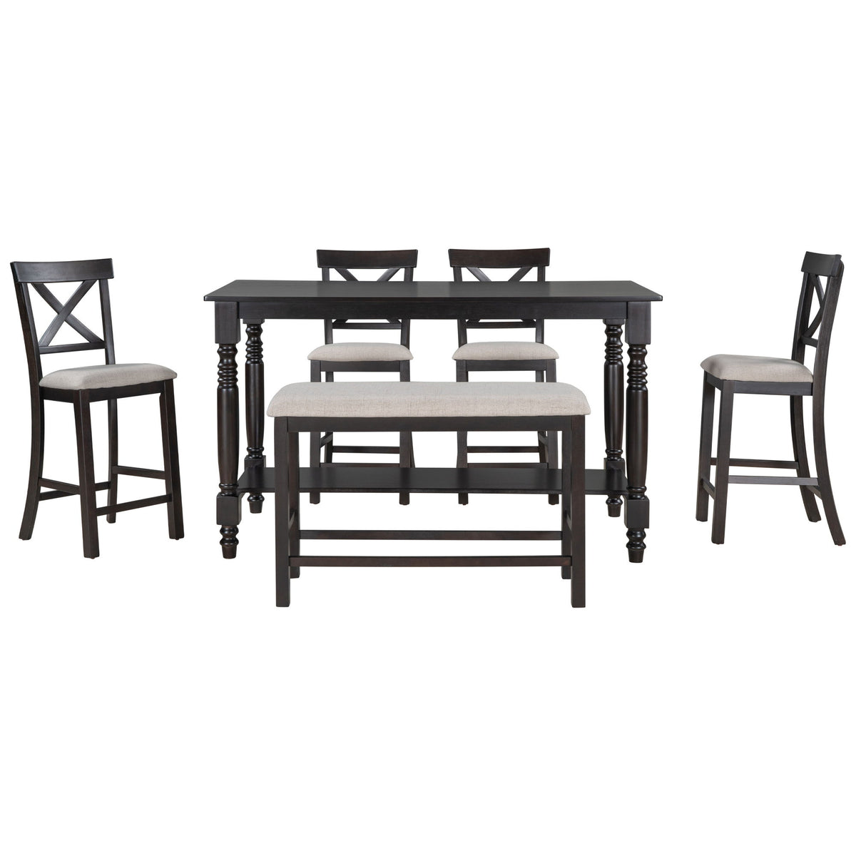 Counter Height Dining Set With Shelf, 4 Chairs And Bench