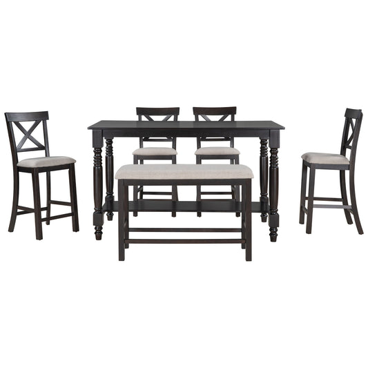 Counter Height Dining Set With Shelf, 4 Chairs And Bench