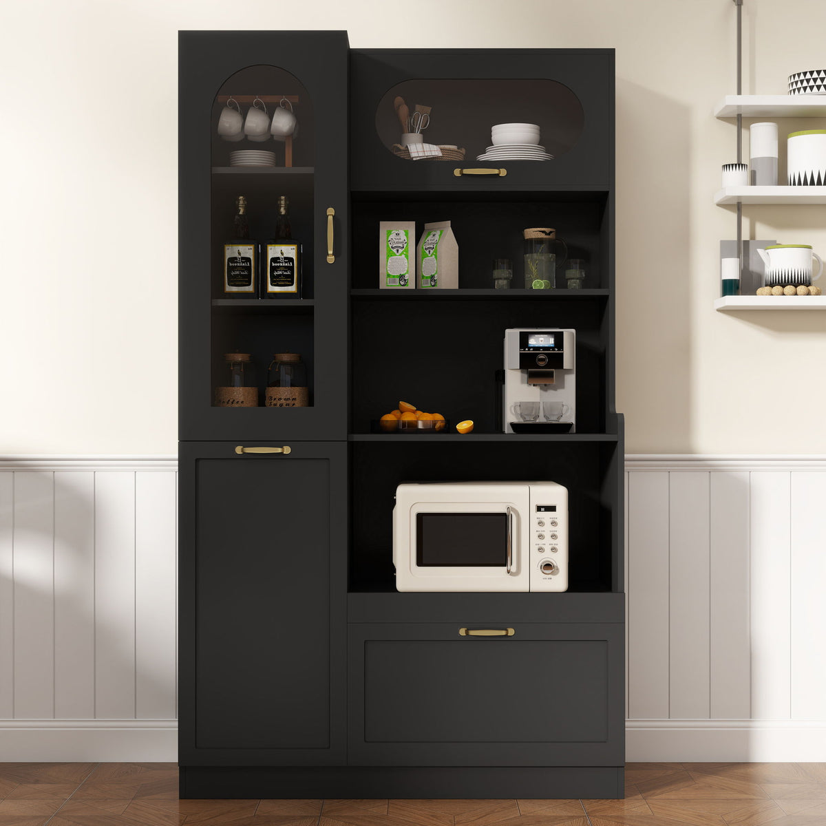 Tall Freestanding Kitchen Pantry Cabinet With Arched Glass Door