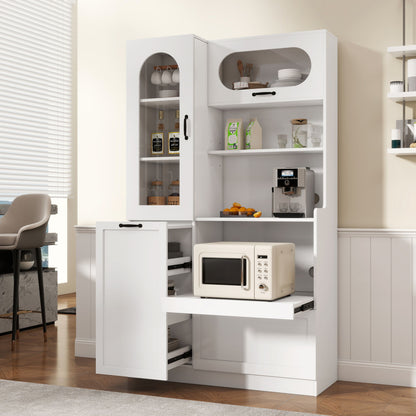 Tall Freestanding Kitchen Pantry Cabinet With Arched Glass Door