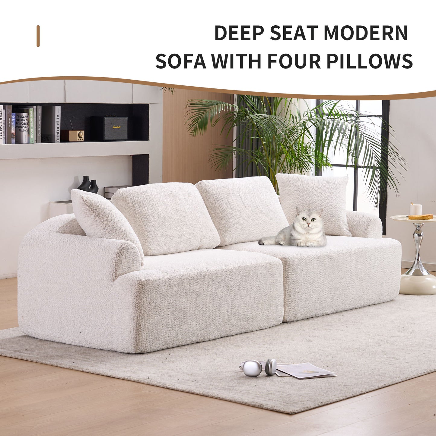 Compression Sofa: 4 Seater Combined Sofa, Crochet Yarn Fabric, Full Sponge Compression Sofa, Combined Sofa With 4 Pillows For Home Living / Home Furniture / Apartment - Beige