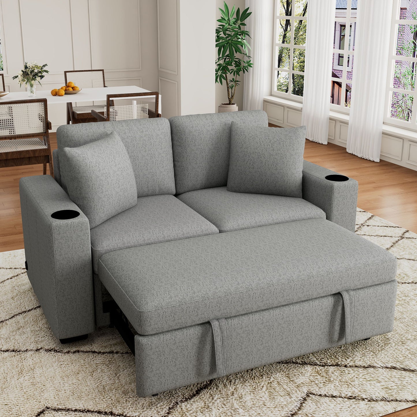 Modern 2 Seater Loveseat Sofa With Pull-Out Bed, Chenille Fabric, Built-In USB Ports & Cup Holders