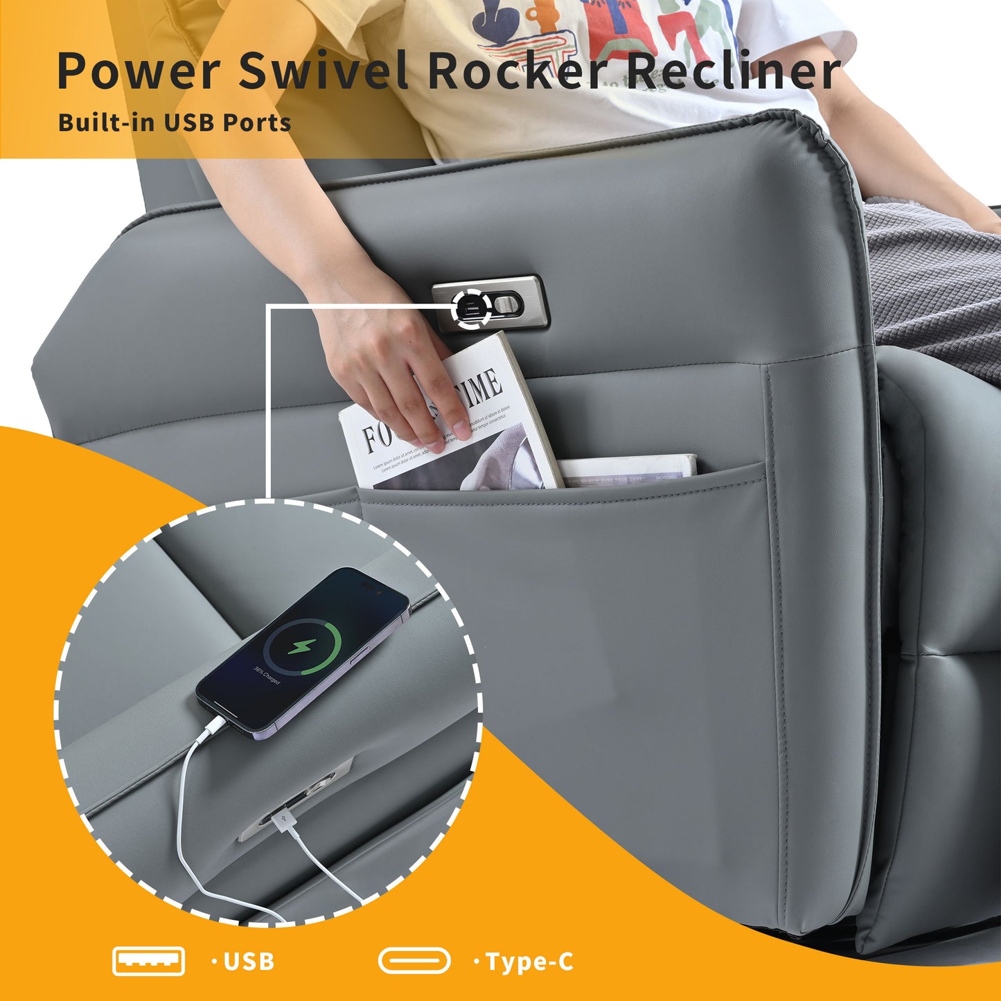 270° Power Swivel Rocker Glider Recliner Chair With USB Ports