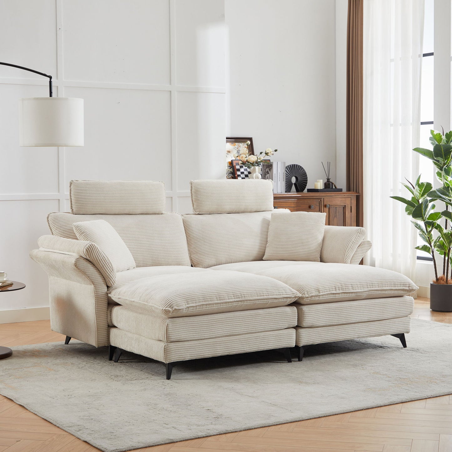Modern Corduroy Deep Seat Sectional Sofa With Ottoman