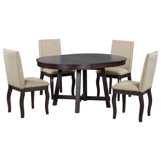 Round Extendable Dining Table Set With 4 Upholstered Chairs