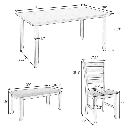 Dining Set For 6, Upholstered Chairs, Includes Table, 4 Chairs, And 2 Person Bench - Gray