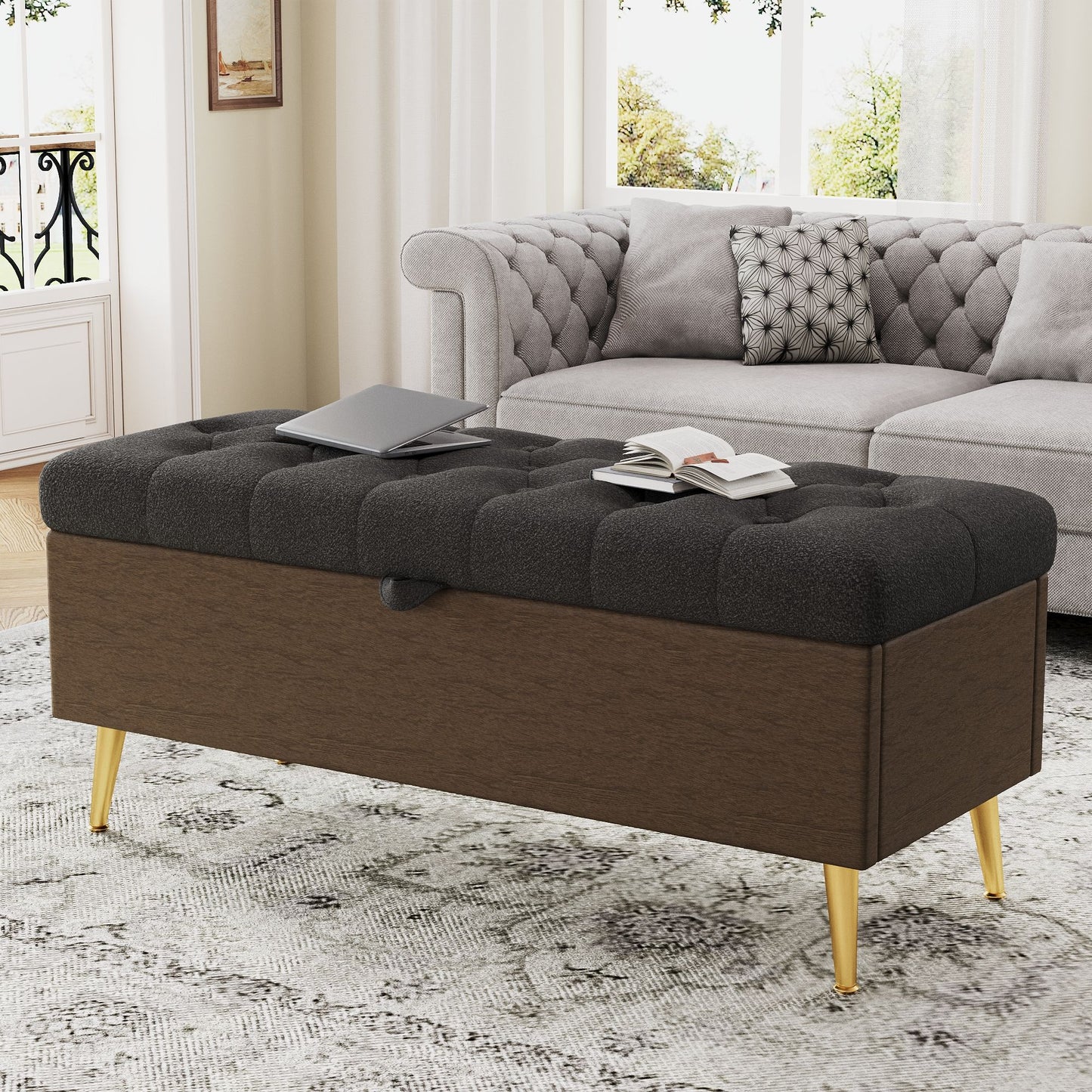 Modern Tufted Storage Ottoman Bench With Metal Legs
