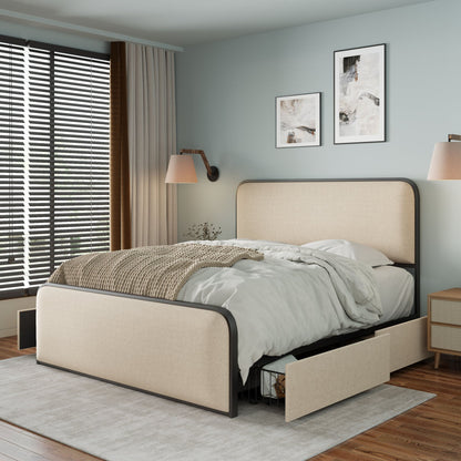 Modern Bed With Curved Upholstered Headboard And Footboard, Heavy Duty Metal Slats