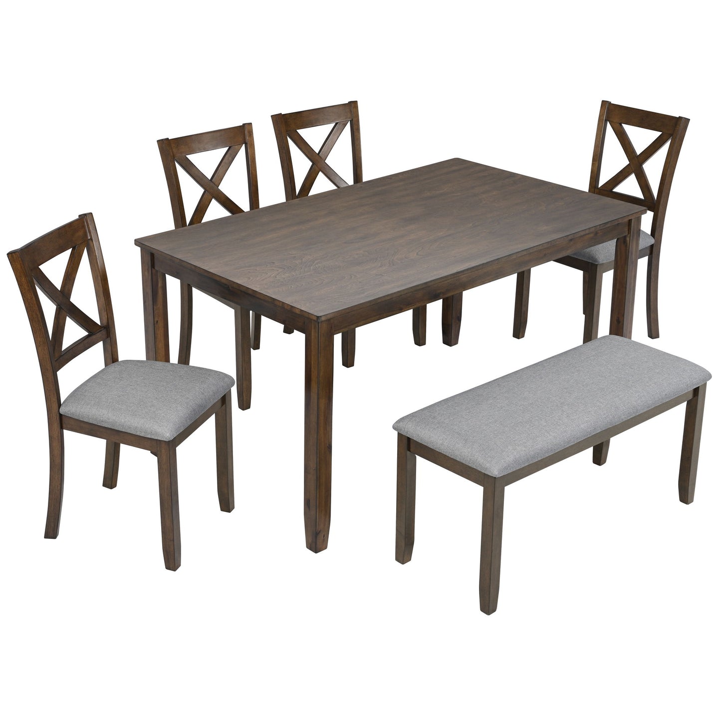 6 Pieces Kitchen Dining Set, Rectangular Wooden Dining Table With 4 Chairs And A Bench