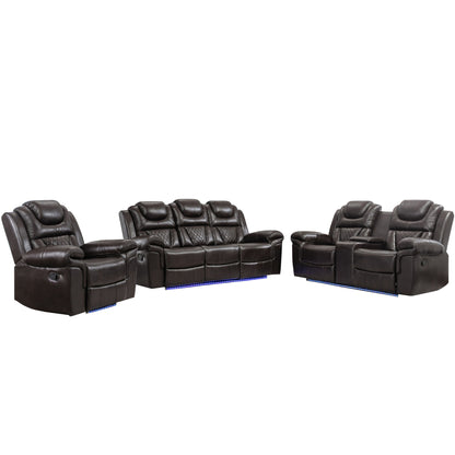 3 Pieces Recliner Sofa Sets Home Theater Seating Manual Recliner Chair With Center Console And LED Light Strip For Living Room