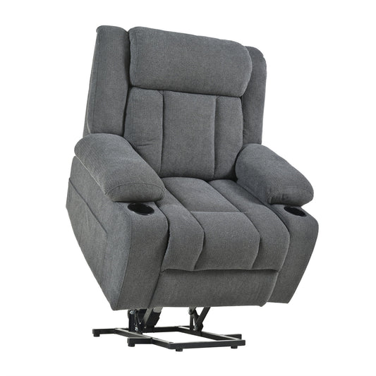 Power Lift Recliner Chair With Extended Footrest, Remote Control, Cup Holders, And Side Pockets