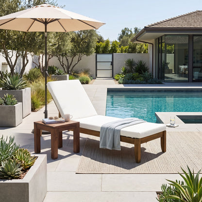 Adjustable Outdoor Patio Lounge Chair Chaise Lounge - Beige / Walnut