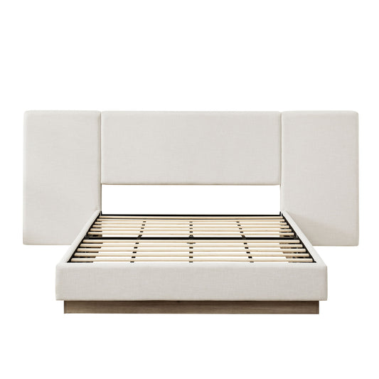 Muse - Queen Upholstered Platform Bed Frame - Ivory / Light Gray / Camel Oak