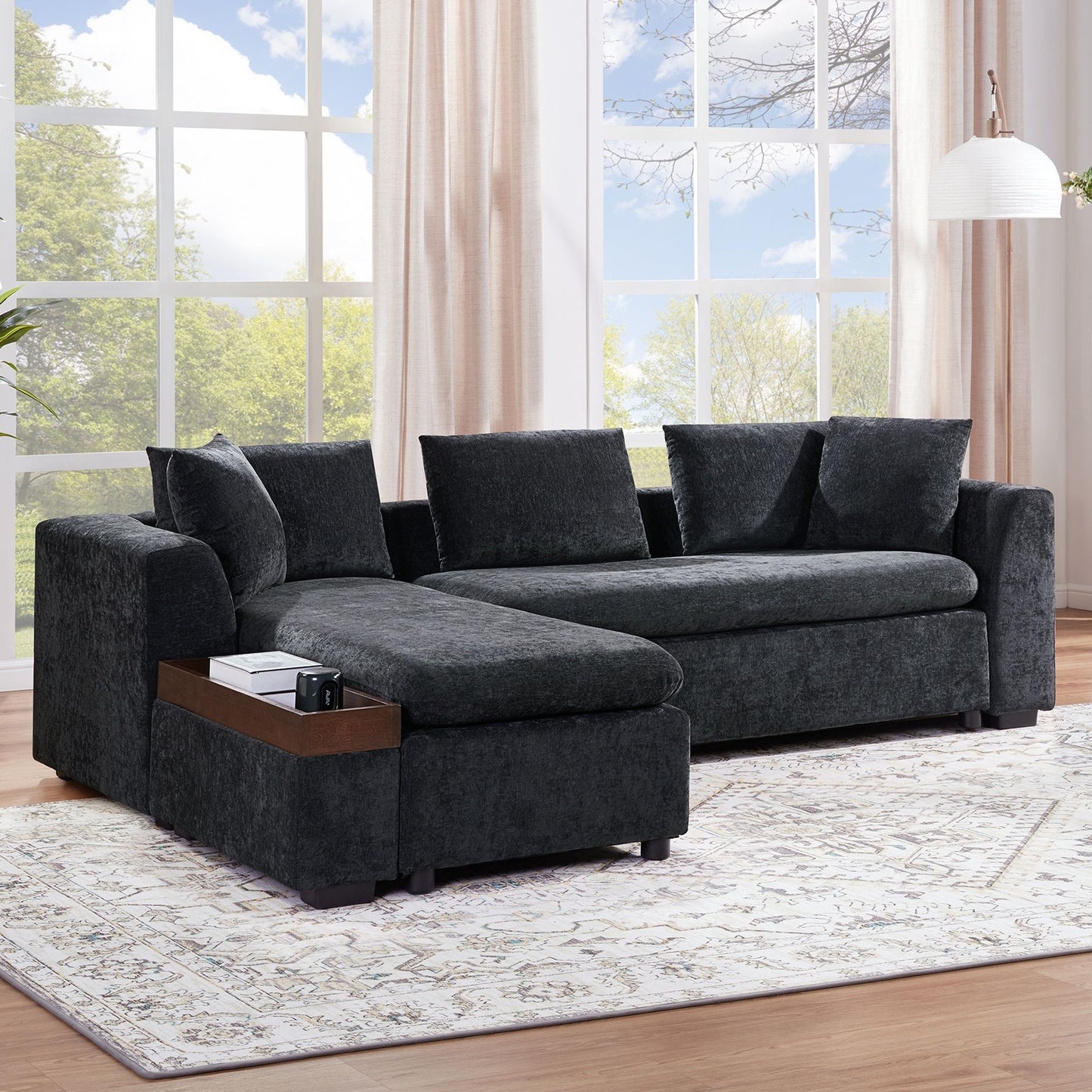 Modern L Shaped Sectional Sofa With Chenille Upholstery And Wooden Storage