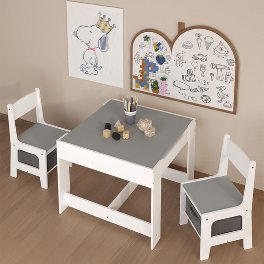 Kids Table And Chair Set, 3 In 1 Activity Table With Storage Drawer For Toddlers Drawing, Reading, Crafts, 2 In 1 Detachable Top - White