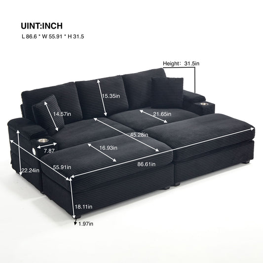 Convertible Sectional Sofa Bed Set With Armrest Storage, Cup Holder, USB - Black