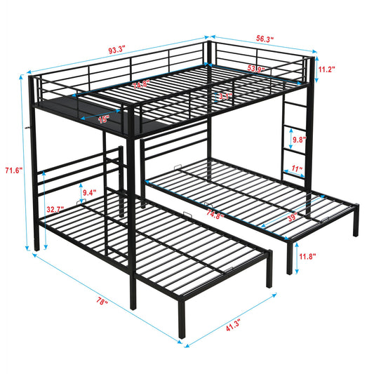 Modern Metal Triple Bunk Bed With Vertical Ladder, Safety Rail, And Storage Shelf - Black