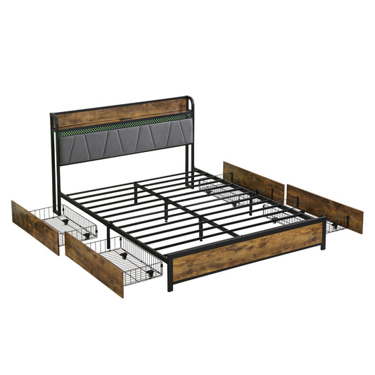 Modern Bed Frame With LED Lights, Upholstered Headboard, USB Charging
