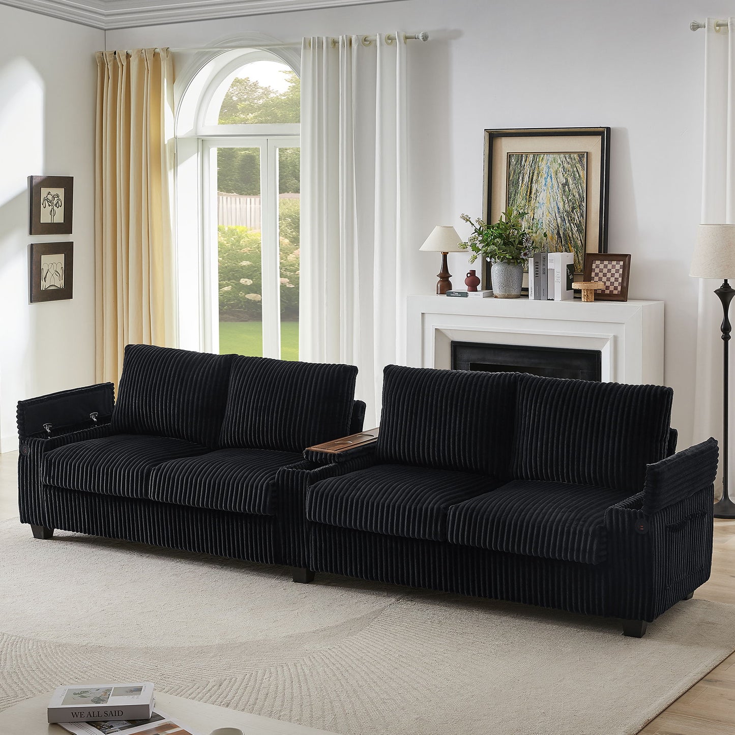 Modern 4 Seater Corduroy Sofa Couch With USB Ports And Hidden Storage