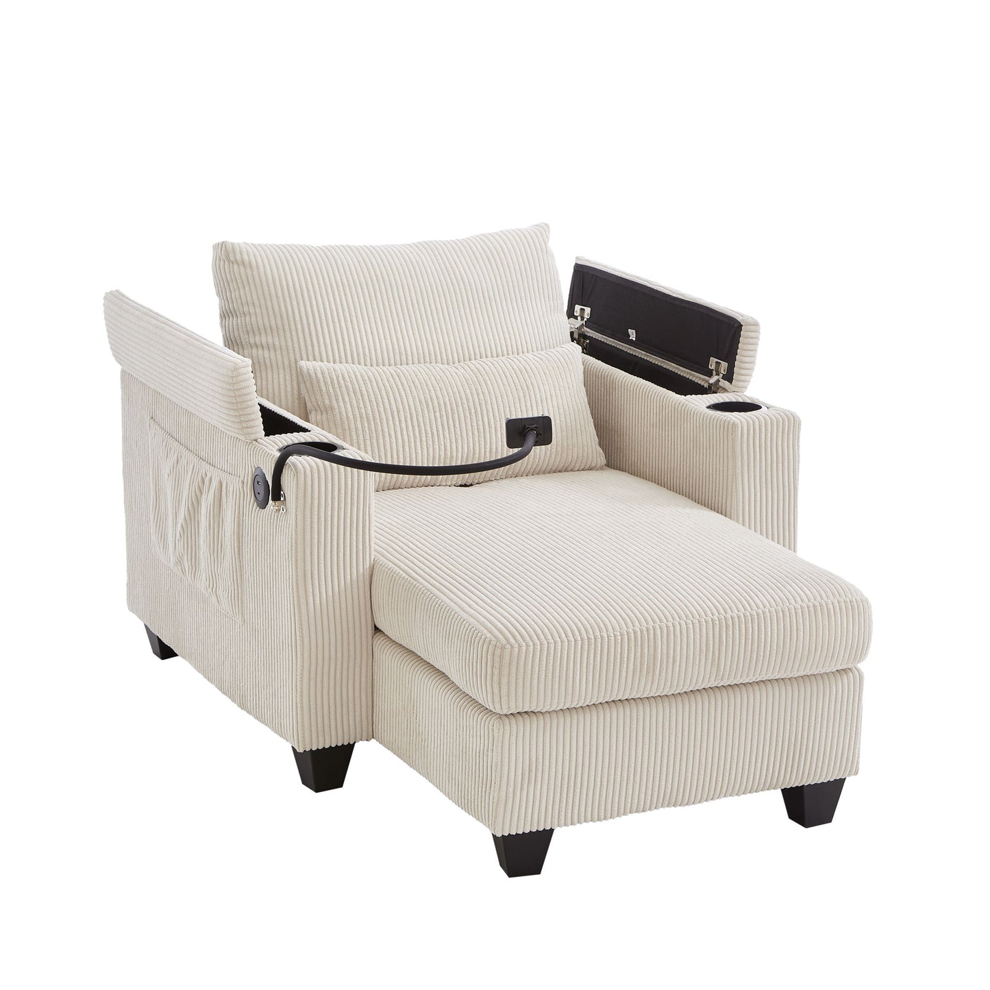 Convertible Chaise Lounge Sofa Chair With USB Ports, Cup Holders, Phone Holder And Storage