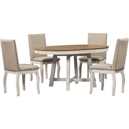 Round Extendable Dining Table Set With 4 Upholstered Chairs