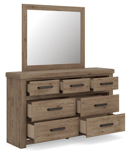 Oliandon - 3 Pc. - Queen Panel Storage Bed, Dresser And Mirror - Light Brown