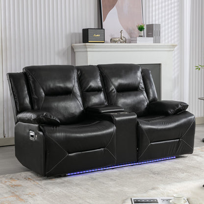 2 Seater Home Theater Recliner Manual Recliner Chair With A LED Light Strip Two Cup Holders And A Storage Box For Living Room