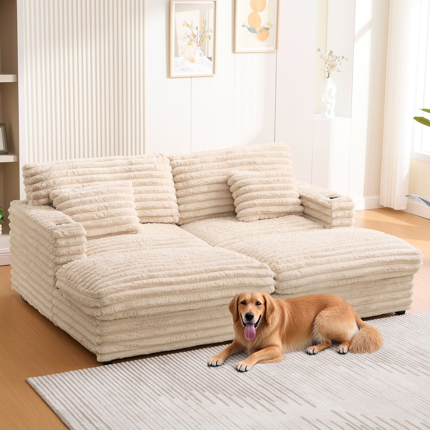 Plush Oversized Double Chaise Lounge Sofa Bed With USB Ports And Cup Holders