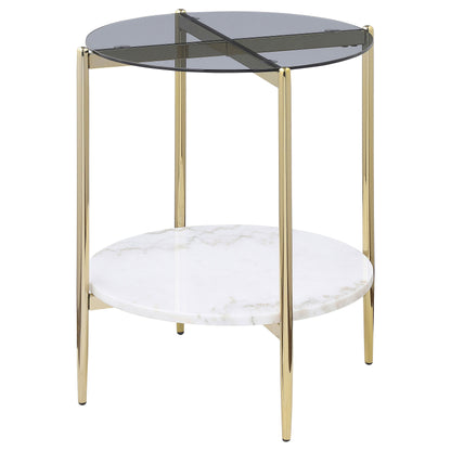 Jonelle - Round Glass Top End Table White Marble Shelf Gold - Smoke