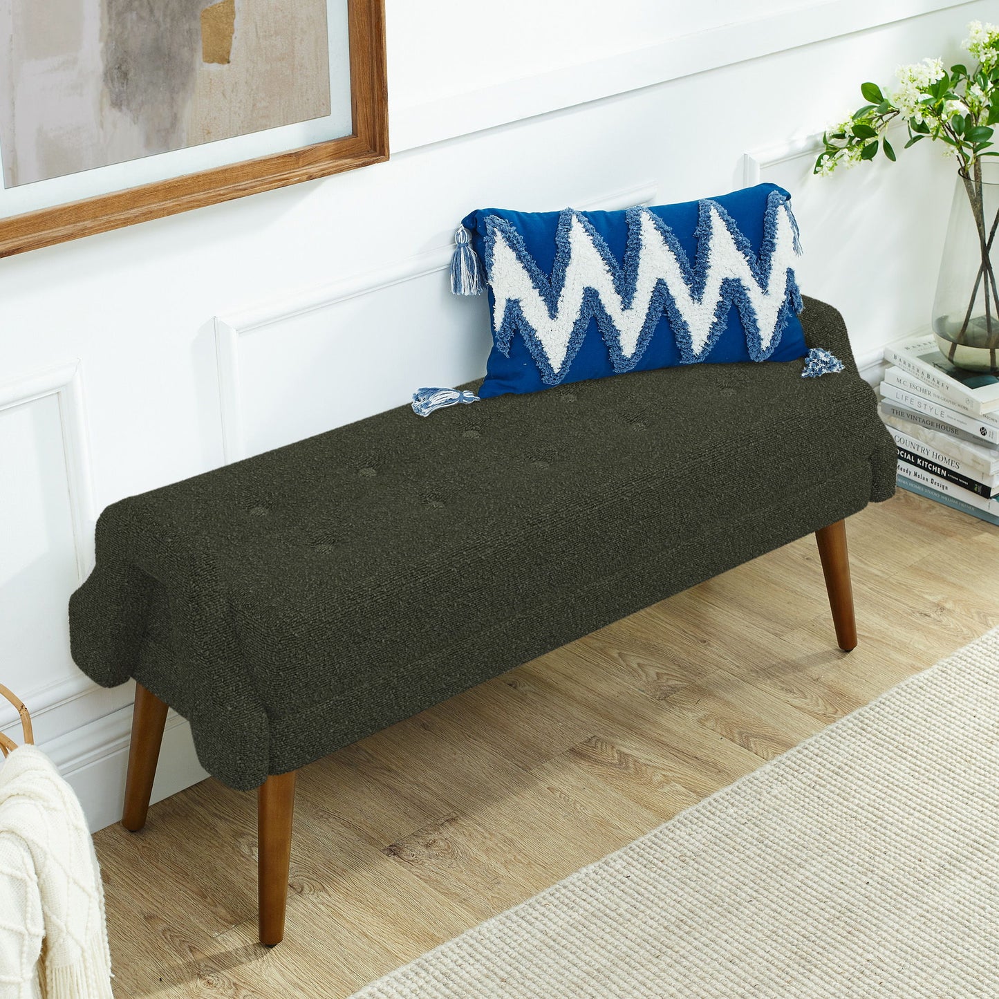 Modern Living Room Bench With Looped Yarn Fabric And Rubber Wooden Legs