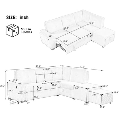 Pull-Out L-Shaped Sectional Sofa With Movable Ottoman And Stool, Large Storage Space, A Cup Holder, And 2 USB Ports For Living Room