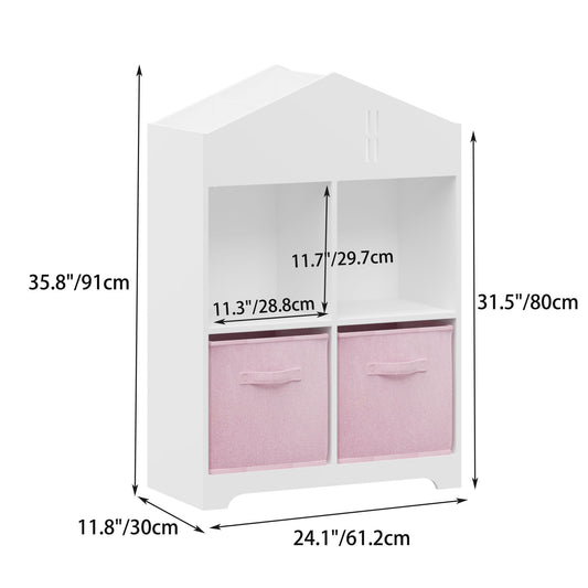 Dollhouse Bookcase With Storage, 2 Tier Display Organizer For Toddlers - White / Pink