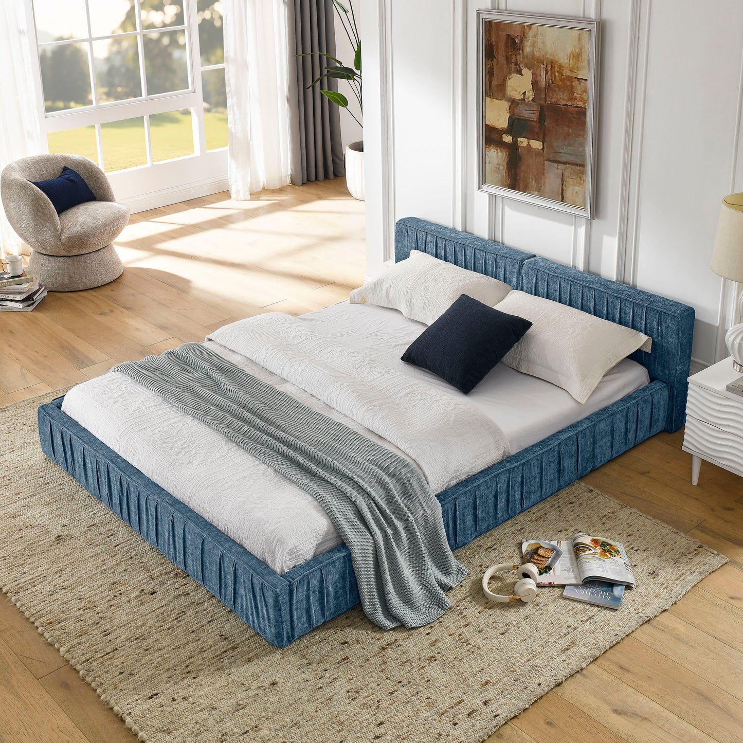 Modern Upholstered Platform Bed Frame With Pleated Design