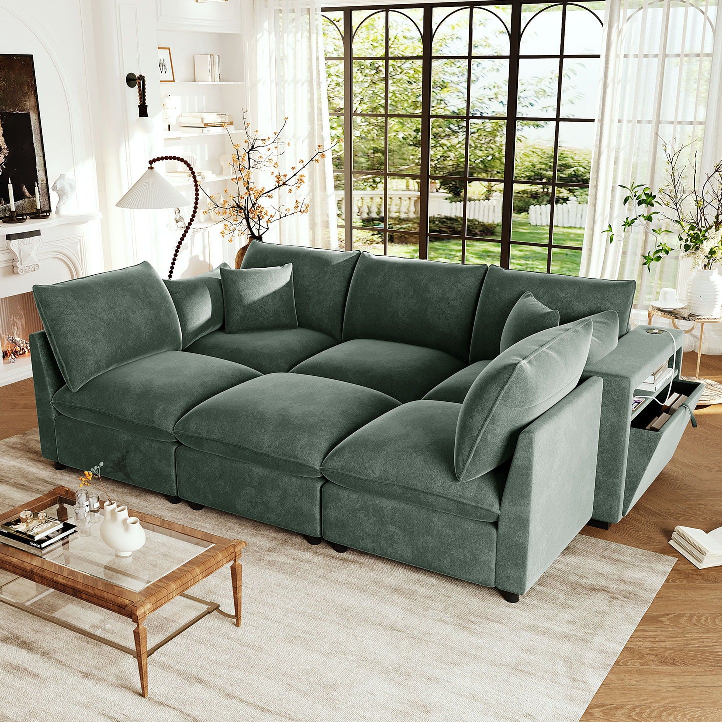 Modern Sectional Sofa U-Shaped With Movable Ottoman Storage Armrests And USB Ports