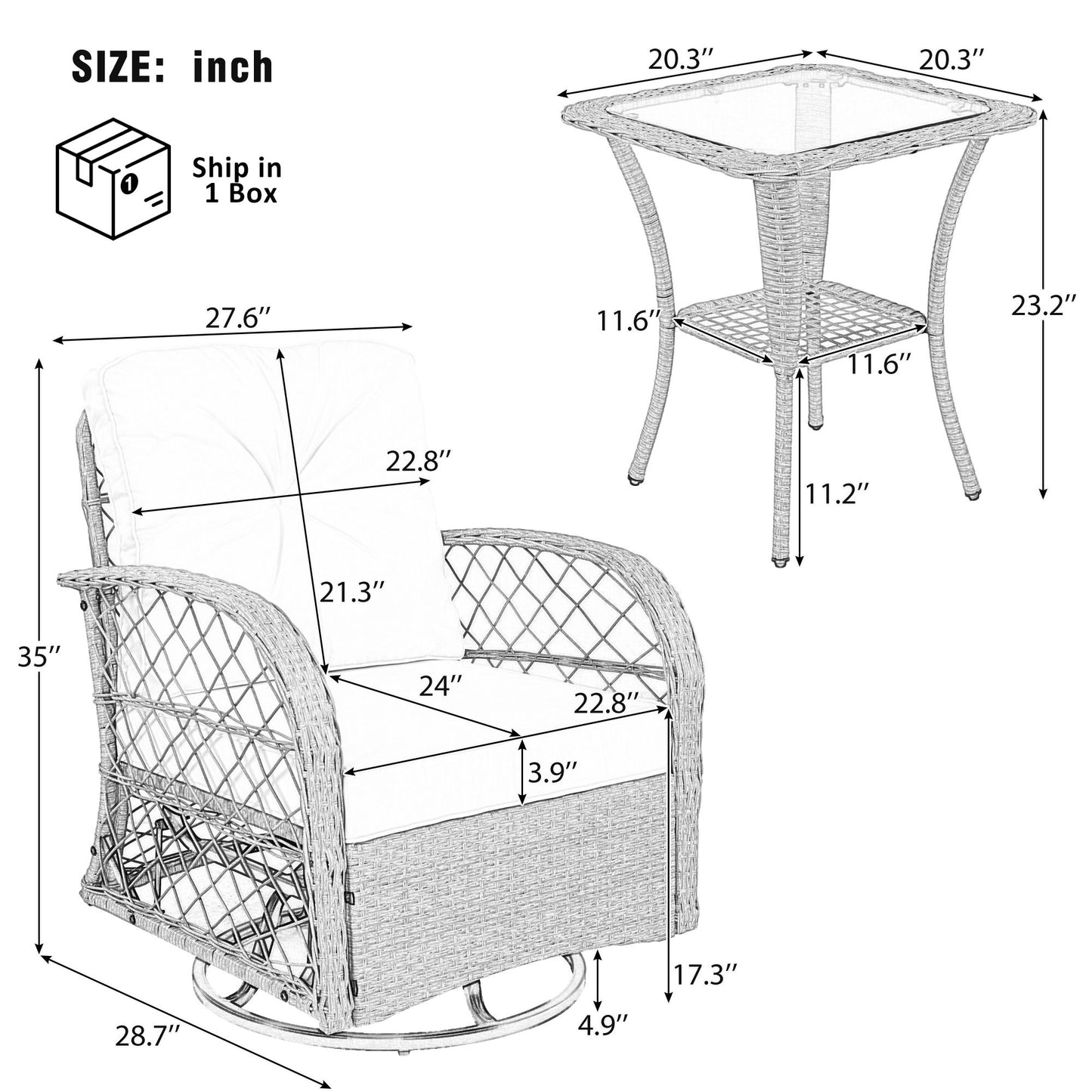 3 Piece Outdoor Chair & Table Set Chat Set, 2 Person Rattan Seating Group