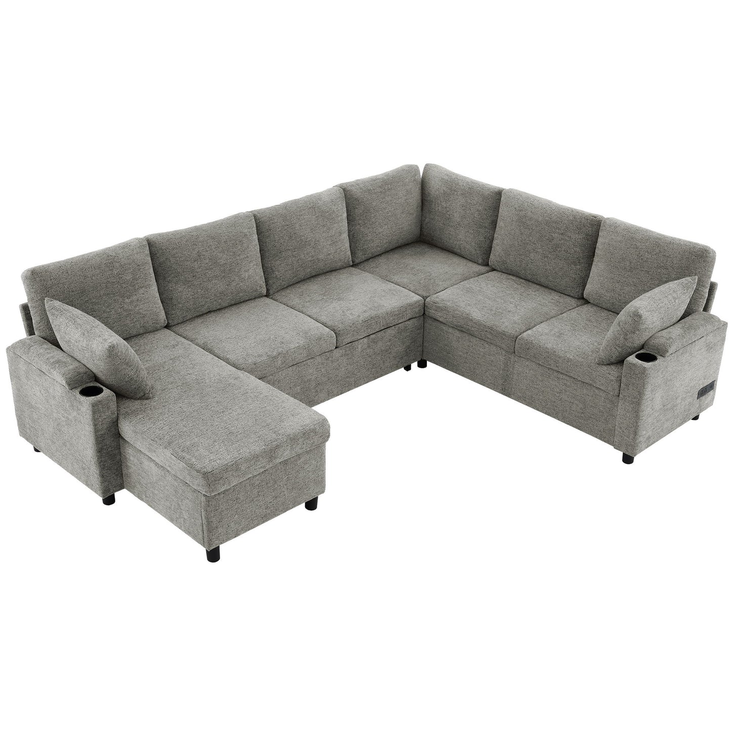 U-Shaped Sectional Sleeper Sofa With Ample Storage Space, 2 Cup Holders And Charging Ports For Living Room